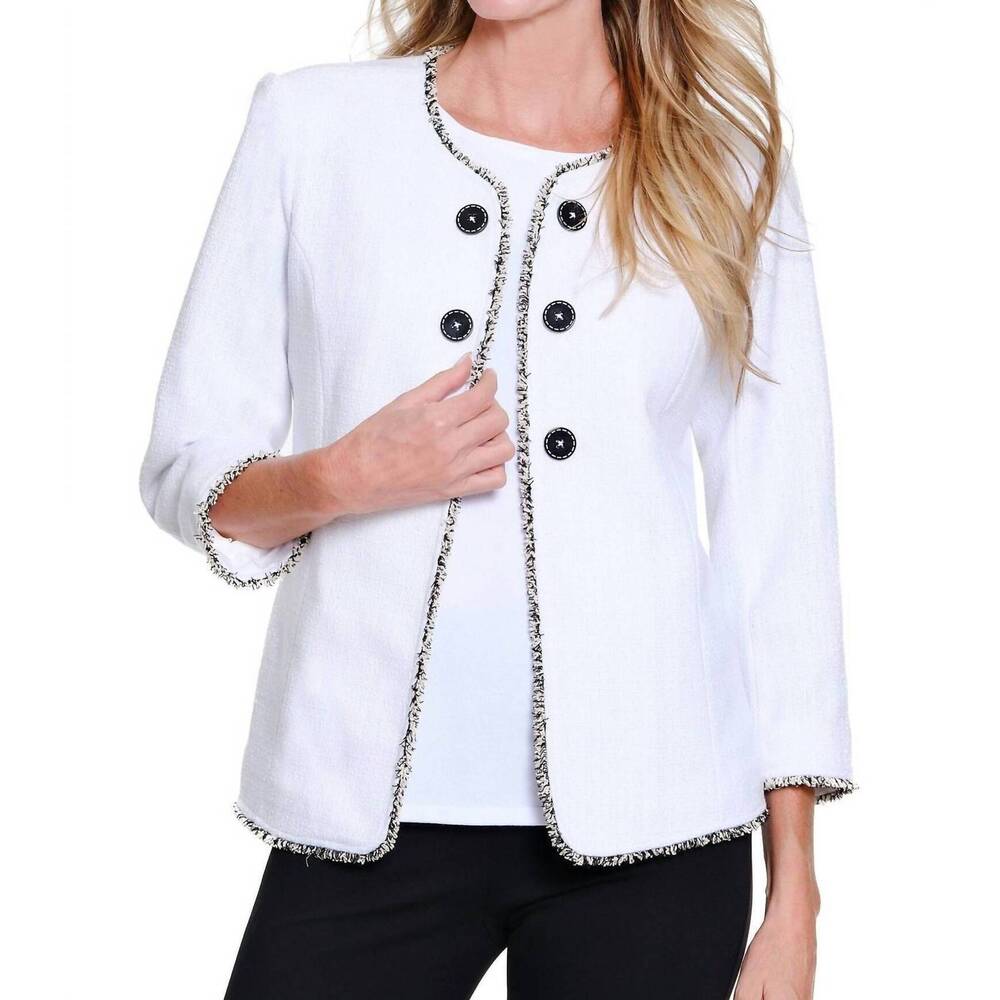 NEW MULTIPLES fringe-trim tweed jacket in white